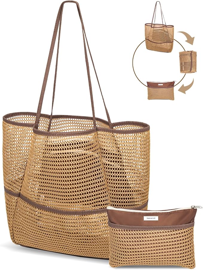 Mesh Beach Tote Bag for Women, 2-in-1 Large Lightweight Foldable Design | Packable into Matching Makeup Pouch | Multiple Pockets | Quick-Dry Sandproof Mesh | Beach, Pool, Travel, Shopping & Gym by Unknown
