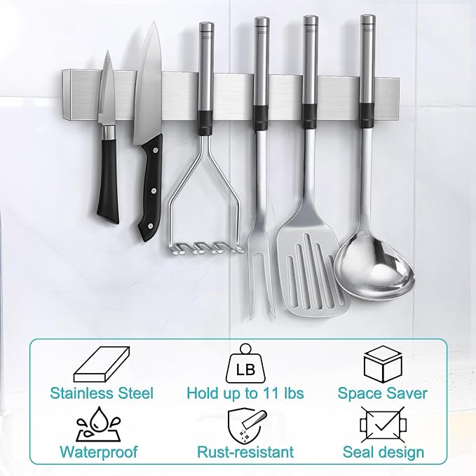 16 Inches Magnetic Knife Strip No Drill, Adhesive Magnetic Knife Holder for Wall, Magnet Knife Holder Wall Mount, Knife Bar Knife Rack Block for Metal Tools Utensils RV Kitchen Organizers and Storage - Image 6