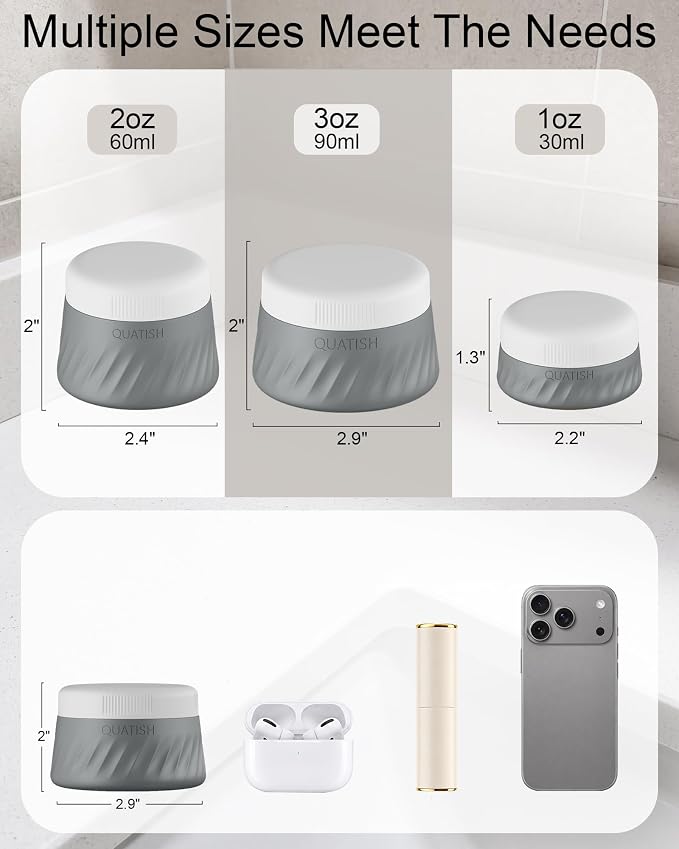 Quatish 6 Pack Travel Size Containers for Toiletries, 3oz, Grey | Leakproof, TSA Approved Silicone Jars, Easy to Clean, Portable Travel Essentials for Lotion Cosmetics Medicines and Jewelry - Image 3