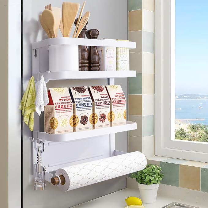 Magnetic Spice Rack for Refrigerator White Magnetic Paper Towel Holder for fridge Magnetic Shelf Magnetic Shelves Fridge Magnet Organizer Spice Rack Kitchen Organization Kitchen Storage by DrBeTree