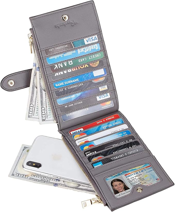 Travelambo Womens Leather Bifold Wallet, Slim RFID Blocking Card Holder | Large Capacity, 16 Card Slots & ID Window, 2 Zipper Pockets, Dual Snap Closure, Slim Lightweight, RFID Privacy Protection - Image 2