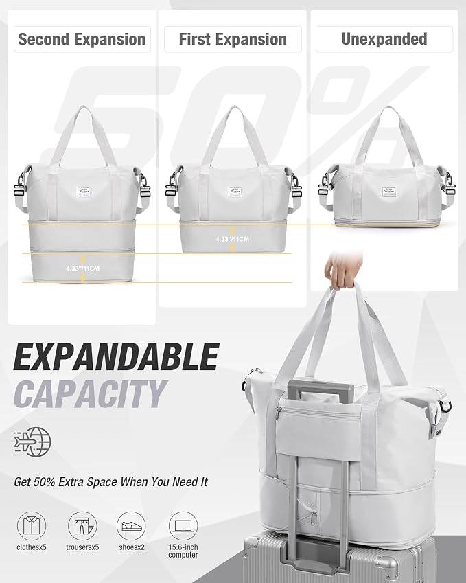 Expandable Travel Duffle Bag for Women Men, Large Gym Bag Travel Tote Bags, Waterproof Carry On Personal Item Bag Airline Approved, Overnight Workout Weekender Bag with Luggage Sleeve, Light Grey | Waterproof Carry On Personal Item Duffel Bag 40L Doubl... - Image 3