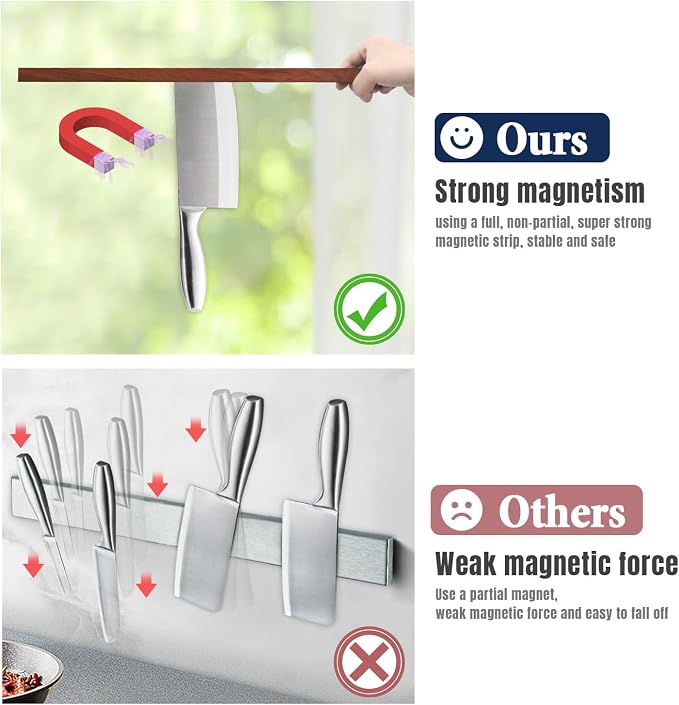 Dmore magnetic knife holder for wall—with 2 hooks, No Drilling 23 Inch walnut knife magnetic strip, Powerful knife magnet rack, include Adhesive Tape and screws for Knives, Utensils, and Tools - Image 3