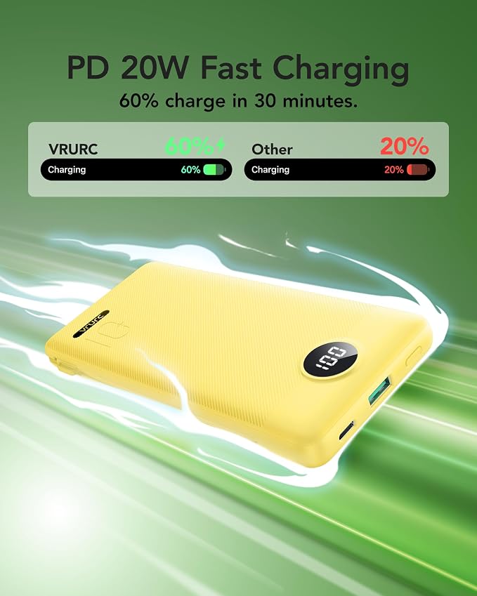 VRURC 10000mAh Power Bank, 22.5W USB C Portable Charger, Yellow | Built-in AC wall plug and cables, LED display, airline approved, slim 8 oz design - Image 3