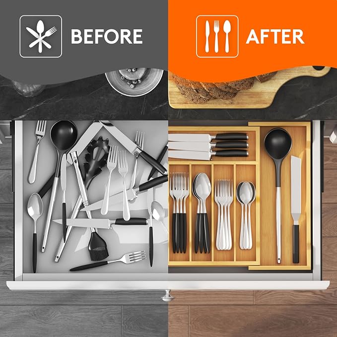 Lifewit Silverware Drawer Organizer, Wooden Utensil Tray for Kitchen | Expandable Flatware and Cutlery Holder, Adjustable Storage for Spoons Forks Knives, 13-22x15", Natural - Image 8