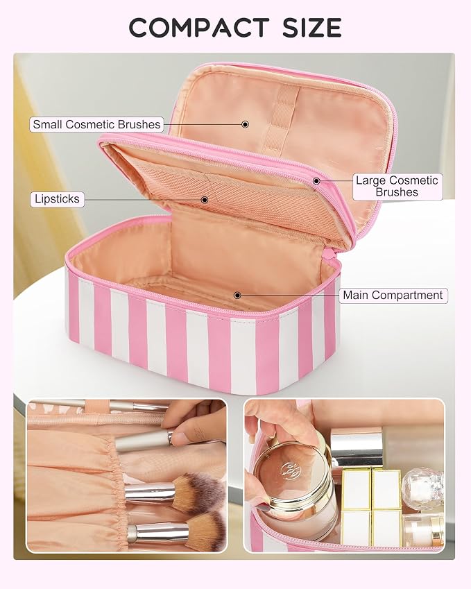 Relavel Travel Makeup Bag, Small Cosmetic Bag with Brush Compartment | Portable Makeup Pouch for Women, Double Layer Makeup Organizer Bag Cute Toiletry Bag, Wide Strip - Image 3