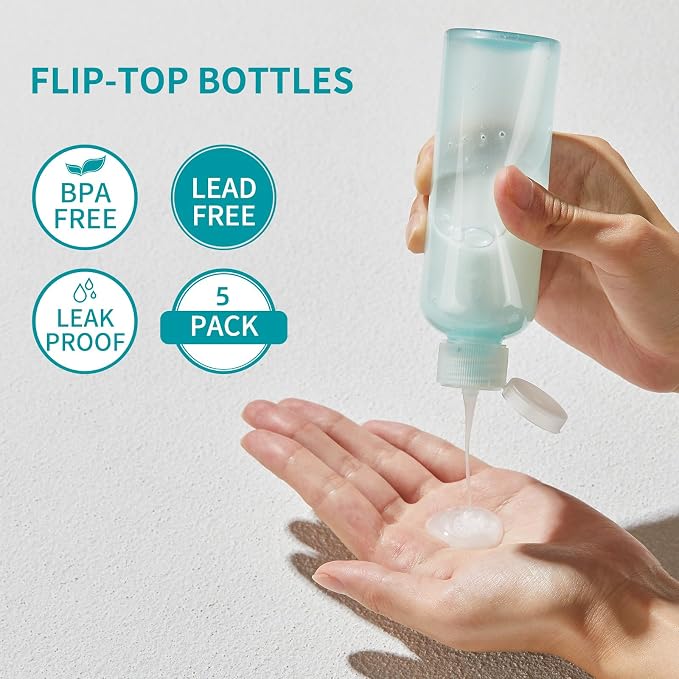 LISAPACK 3.4 oz Travel Bottles for Toiletries, Plastic Shampoo Containers | 5pcs small travel size dispenser, 100 ml squeeze tubes, leak proof, small empty for liquid, lotion, conditioner, soap, TSA - Image 2