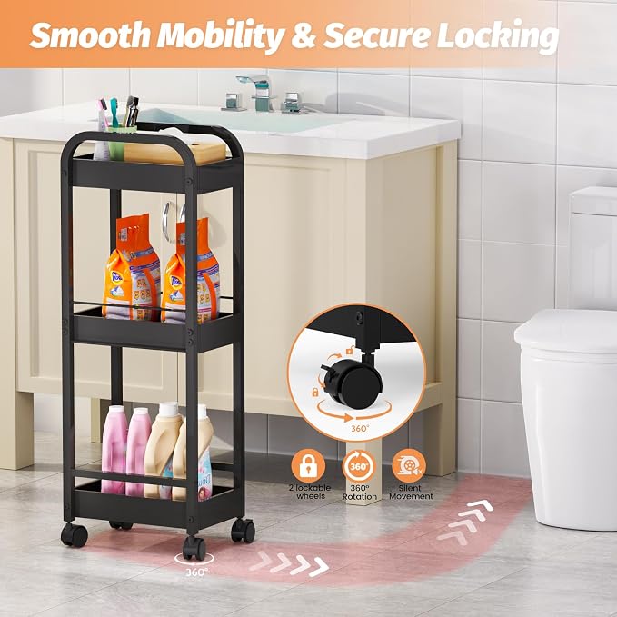 Expandable 3-Tier Metal Slim Rolling Storage Cart with Wheels | Adjustable Length Narrow Heavy Duty Rolling Cart, 4 Wheels (2 Lock), for Bathroom, Kitchen, Laundry & Small Spaces - Image 3