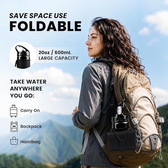 Collapsible Water Bottles 20oz, Foldable Travel Bottle, Leak Proof Lid Running water bottle Reusable BPA Free Silicone for Hiking, Camping, Sports & Outdoors Black - Image 3