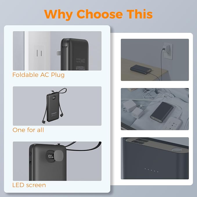 TESSAN Portable Charger with Built in Cables, 10000mAh Power Bank Fast Charging with Foldable AC Plug, PD20W Compact Battery Pack Travel Essentials for iPhone 17/16/15 Series, Samsung, Tablets, Black | PD20W USB C Fast Charging with Foldable AC Outlets... - Image 3