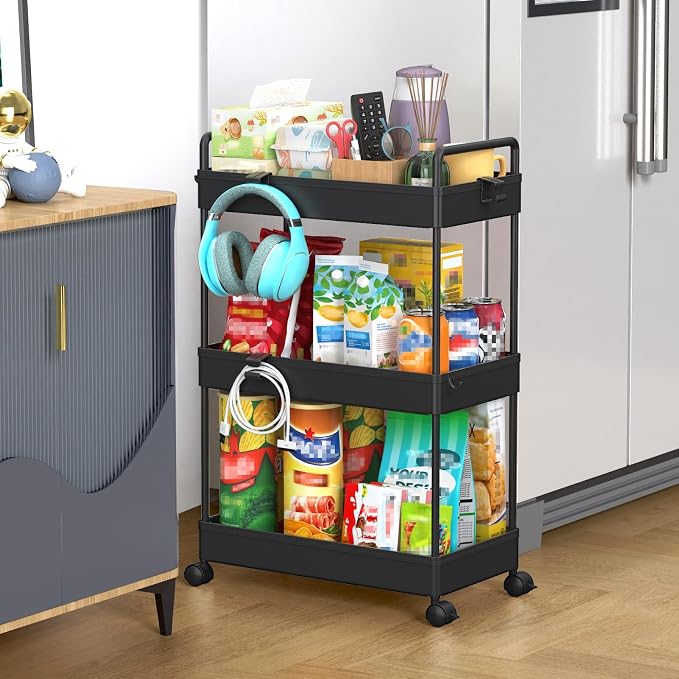 SOLEJAZZ 3 Tier Slim Rolling Storage Cart Organizer with Wheels, Black | Utility cart for bathroom, laundry, bedside, dorm&narrow spaces. Fits craft, nail, makeup, snack, art, diaper&baby essentials by SOLEJAZZ