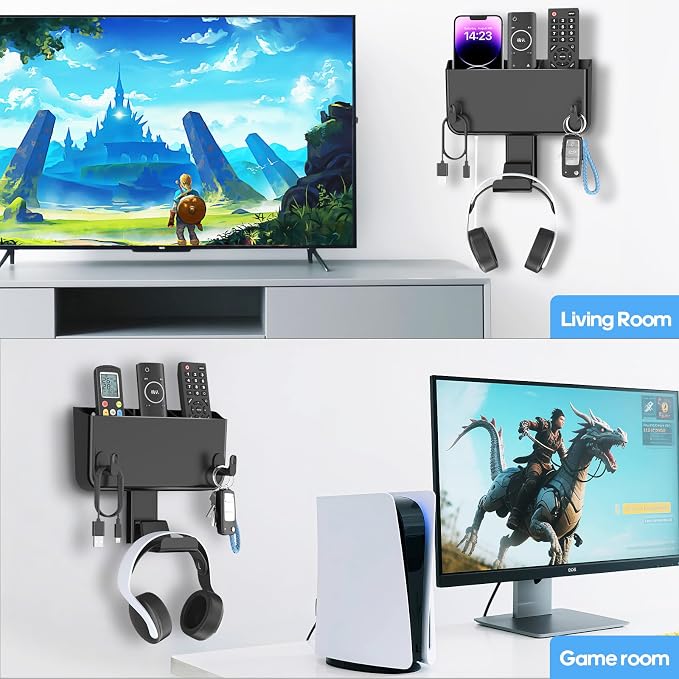 Kytok Adhesive Remote Control Holder Wall Mount with Headset Hanger, 3 in 1 Organizer TV/Fan Remote Caddy with Hook for Headphone, No Drill Controller Storage Bracket, Bed Wall Rack - Image 7