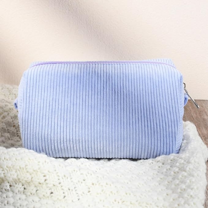 SOIDRAM 2 Pcs Corduroy Makeup Bag Large Cosmetic Bag Toiletry Bag Makeup Pouch Travel Bag Organizer Cute Makeup Brushes Aesthetic Accessories Storage Bag for Women Blue - Image 7