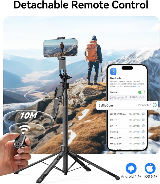 ORICO 73" Aluminum iPhone Tripod for Video Recording, Portable Tripod & Selfie Stick, 4-Leg Base, 360° Rotatable Handle, Wireless Remote, Extendable Stand for iPhone/Android/Camera/GoPro - SPN185 - Image 5