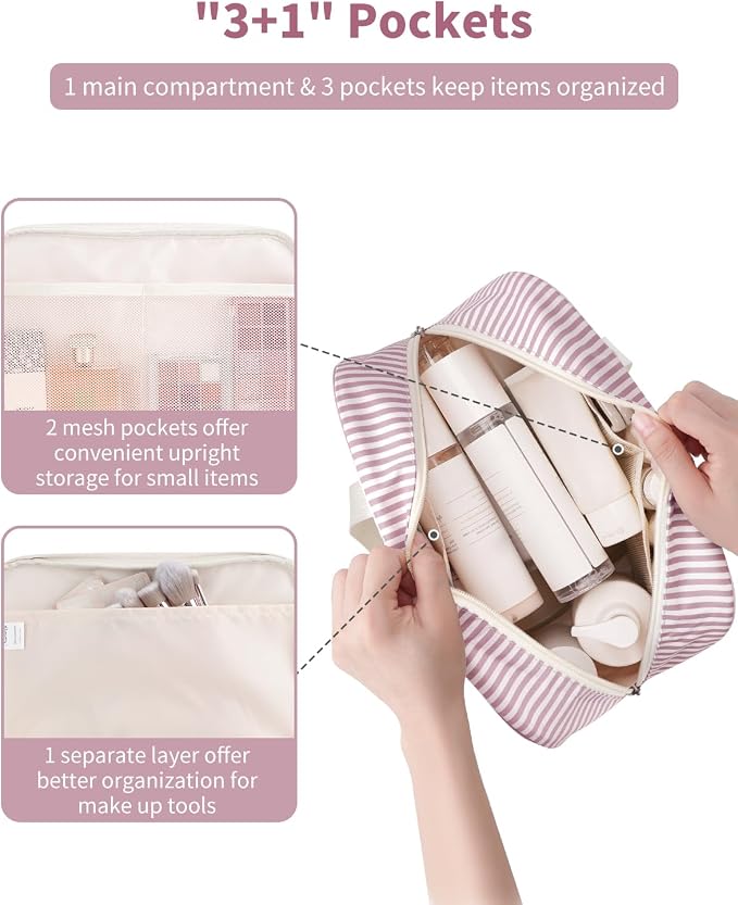 Full Size Toiletry Bag Women Large Cosmetic Bag Travel Makeup Bag Organizer Medicine Bag for Toiletries Essentials Accessories (Dusty Rose Stripe, Large) - Image 2
