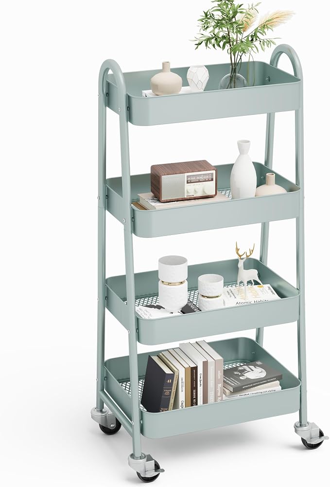 NEWBULIG 4-Tier Metal Rolling Storage Utility Cart with Lockable Wheels | Mobile Organizer Shelf, Space-Saving, Freestanding, Bathroom, Living Room, Slim, Narrow Corner Spaces, Green by NEWBULIG