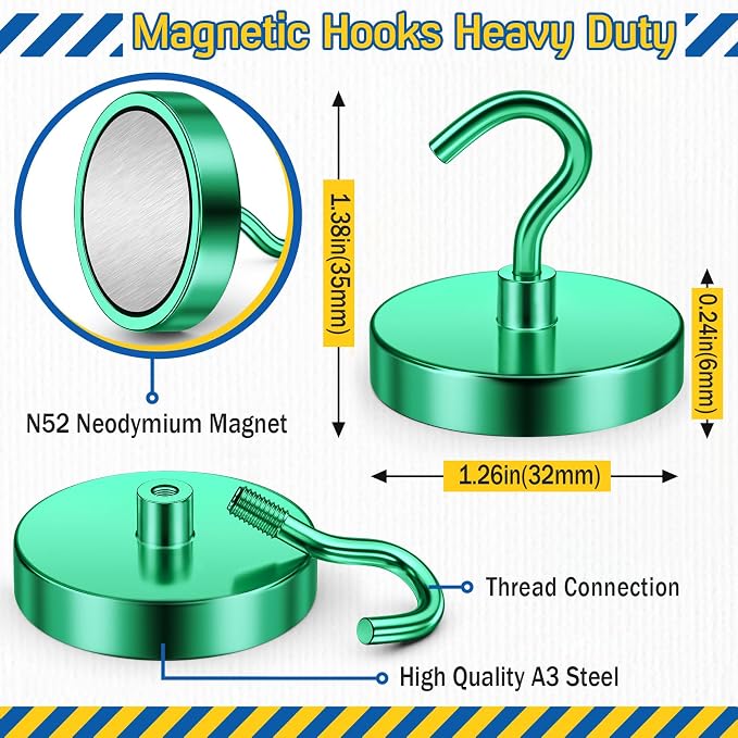 FINDMAG Magnetic Hooks for Cruise Cabins, 110lbs Magnet Hooks | Heavy Duty Magnets Strong, Classroom Decor, Locker Organizer, Camping Essentials, 6 Pack, Green - Image 5