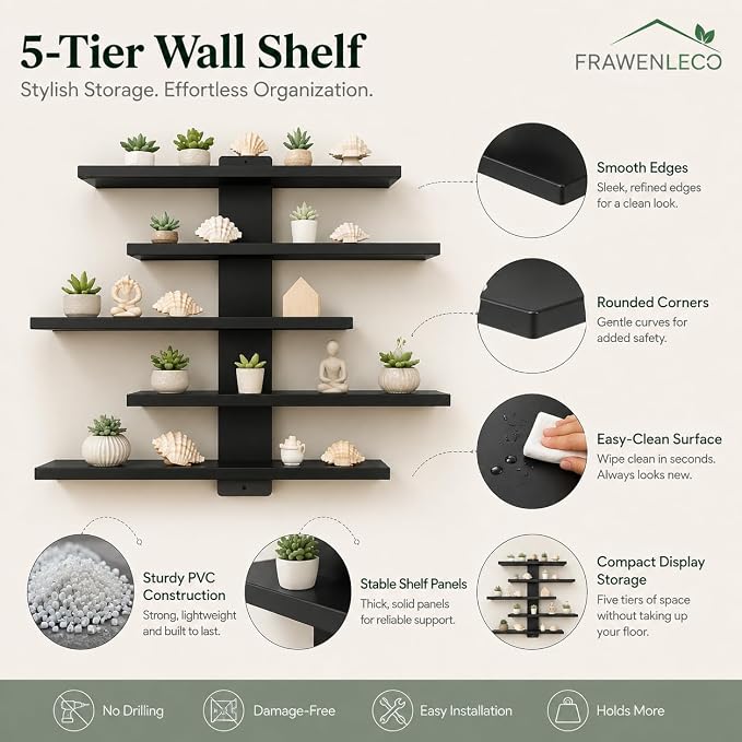 No Drill Wall Shelf, 5-Tier Black Floating Shelves with Adhesive, Damage-Free Wall Mounted Organizer for Bathroom, Kitchen, Living Room, Bedroom(Black) - Image 5