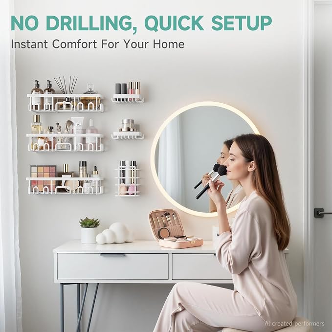 Veken 6-Pack Rustproof&Waterproof Shower Caddy, Adhesive Shelves Rack with Soap Holder, Large Bathroom & Washroom Organizer, No Drilling Wall-Mounted Kitchen&Home Decor,Ideal for Bathtub Storage,White - Image 5