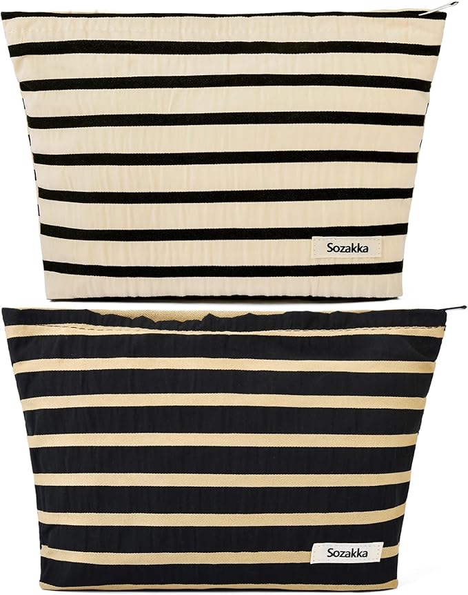 SOIDRAM 2 Pieces Makeup Bag Large Stripe Cosmetic Bag Capacity Canvas Travel Toiletry Bag Organizer Cute Makeup Brushes Aesthetic Accessories Storage Bag for Women, Stripe L Black White by SOIDRAM