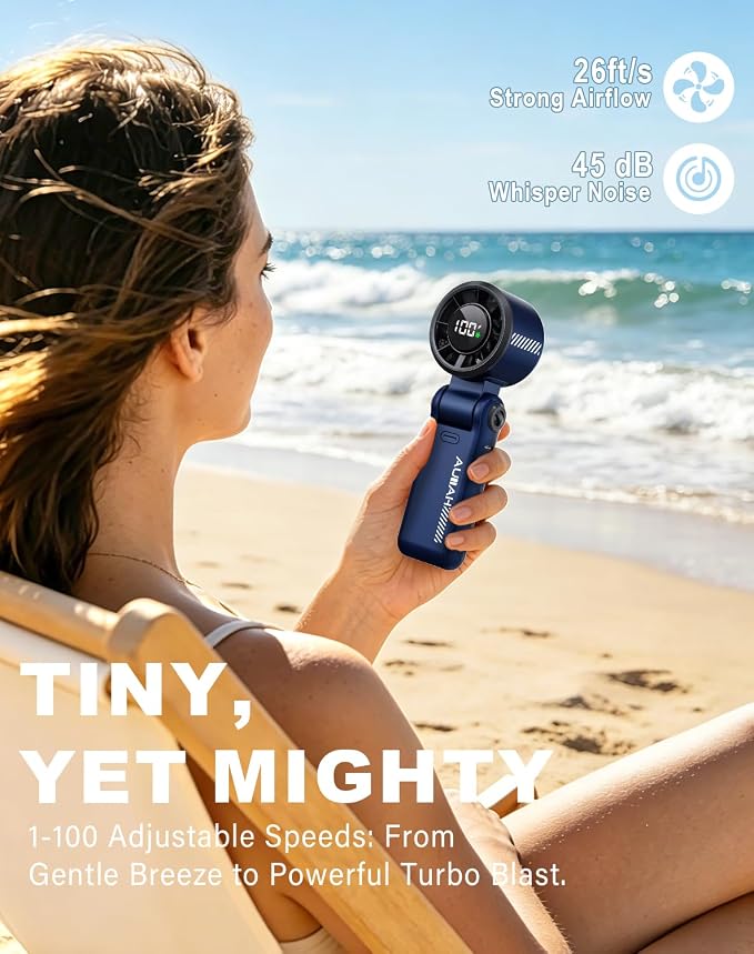 Portable Handheld Turbo Fan - 5 Speed Mini Personal Fan with Strong Airflow, Foldable 3 in 1 Rechargeable Battery Operated Trave Essentials Hand Fans for Indoor/Outdoor Use, Blue - Image 2