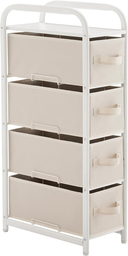 MAX Houser 4 Drawer Narrow Dresser Fabric Storage Tower Vertical Slim Storage Chest Organizer Nightstand Side/End Table Small Standing Organizer Removable Drawers Wood Top for Bedroom, Bathroom(Beige) by MAXHouser