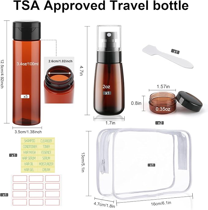 9 PCS 3.4oz Wide Mouth Brown Travel Bottles for Toiletries | TSA Approved, Leak Proof, 0.35oz Small Cream Jars, 2oz Spray Bottle, for Shampoo Conditioner, with lable, and a Toiletry Bag - Image 2