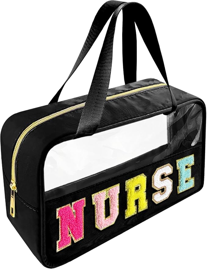 Bunliuys Chenille Letter Clear Makeup Bag with Nurse Patch, Travel Toiletry Makeup Bag with Handle, Nylon Waterproof Cosmetic Bag, Preppy Patch Makeup Bag for Women (NURSE-Black) by Bunliuys