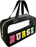 Bunliuys Chenille Letter Clear Makeup Bag with Nurse Patch, Travel Toiletry Makeup Bag with Handle, Nylon Waterproof Cosmetic Bag, Preppy Patch Makeup Bag for Women (NURSE-Black) by Bunliuys