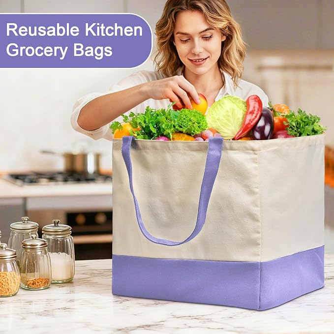 Reusable Grocery Bags Heavy Duty, 8.3 gal Foldable Large Canvas Tote Bag with Handles, Holds 60 lbs Canvas Shopping Bags, 1 Pack（Off White+Light purple） - Image 7