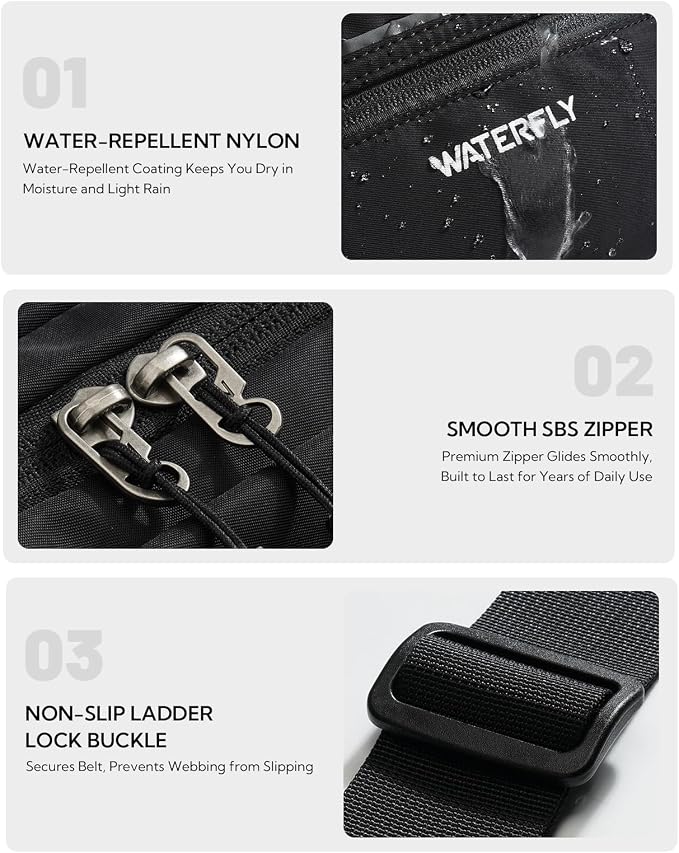 WATERFLY 3.5L RFID Fanny Pack: Anti-Theft 12" Extender Belt for Travel | Large Capacity Multi-Pocket, Water-Resistant Nylon, Reflective Strips, Breathable Padding, Hiking Walking Daily, Women Men - Image 6