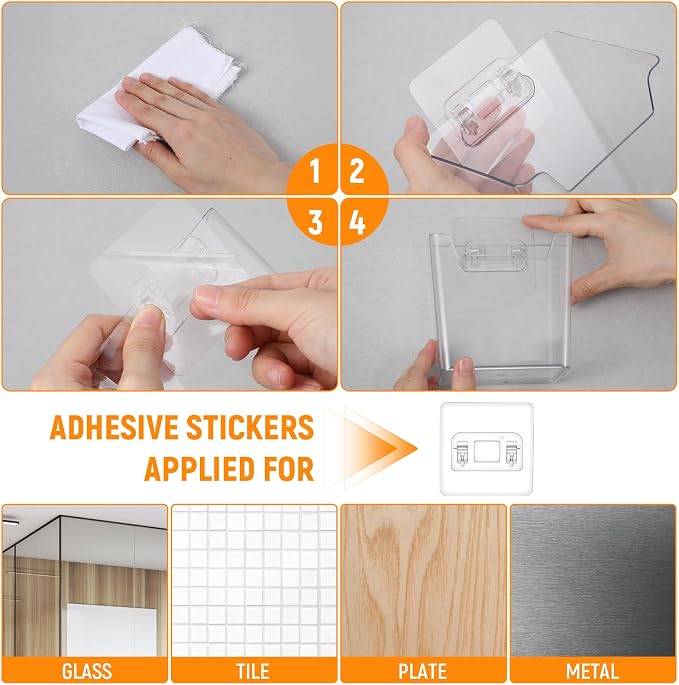 6 Pcs Clear Adhesive Wall Storage Bins, Small Cabinet Door Organizer Holders, Hanging Wall Mount Pockets, Plastic Cups for Shower Bathroom Makeup Office Craft Remote Kitchen Sink RV Organization - Image 7