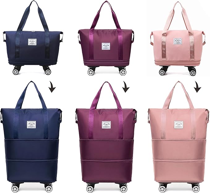 Expandable Foldable Duffel Bag with Detachable Rolling Wheels, Large Carry-On Luggage for Travel, Gym, Camping, Shopping, Business Trip (Purple) - Image 2