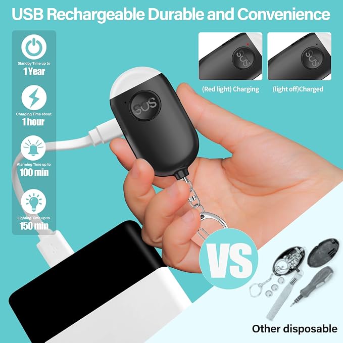 Hion Personal Safety Alarm for Women, 2 Pack Rechargeable 130dB Self Defense Alarm Keychain with LED Flashlight, Emergency Safe Sound Security for Children Elderly College Girls, Black+Pink - Image 5