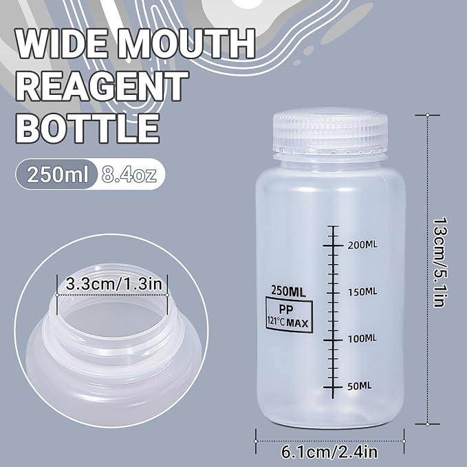8oz Wide Mouth Plastic Bottles with Airtight Lids, Graduated Food Grade Leak Proof PP Containers Jars for Water Sample Lab Reagent Liquid Medicine Storage (Transparent, 3 Pack) - Image 2