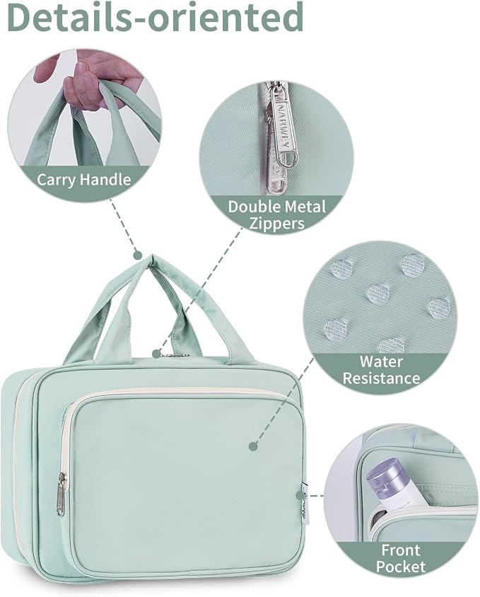 Narwey Travel Toiletry Bag for Women Large Hanging Makeup Bag Organizer Toiletries Bag for Full Size Essentials Accessories Cosmetics (Mint Green (Large)) - Image 8