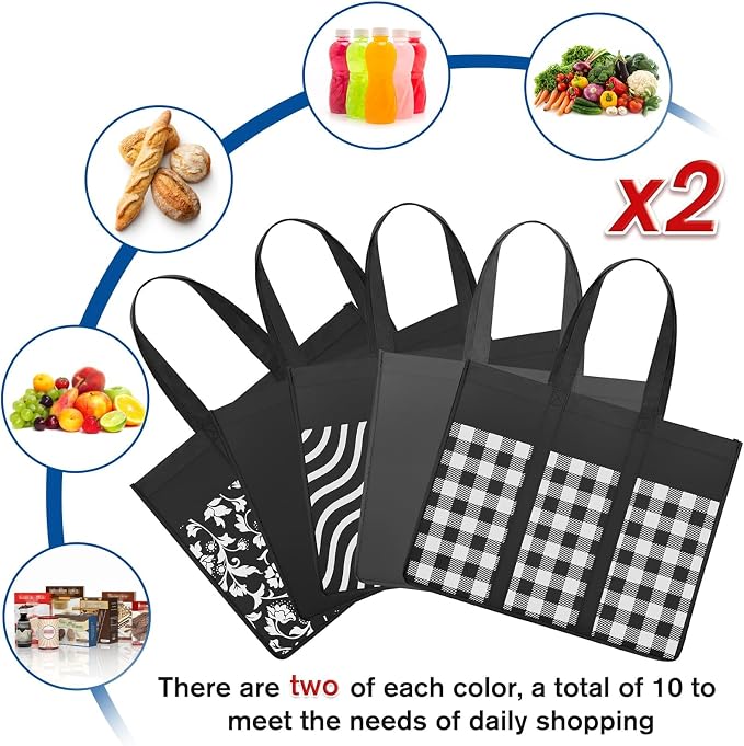 Reusable Grocery Shopping Bags 10 Pack Large Foldable Tote Bags Bulk | Eco Produce Bags with Long Handle for Shopping Groceries Clothes (Plaid D) - Image 5