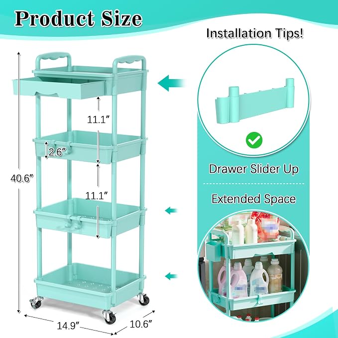 SUNALLY 4 Tier Rolling Cart with Drawer, Craft Storage Cart Organizer, Blue | Bathroom Storage Organizer with 2 Lockable Wheels, Rolling Utility Cart for Kitchen, Office, Baby, Makeup, Nail,Snack,Laundry - Image 2