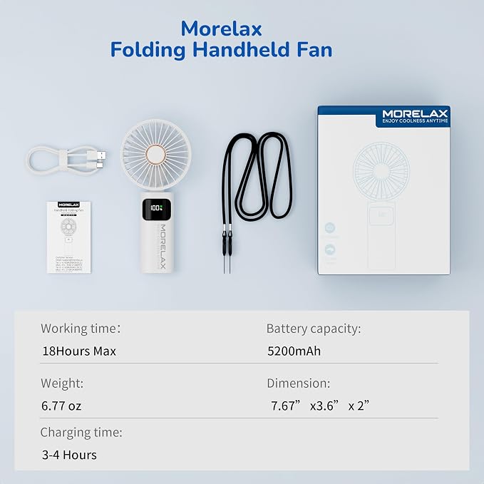 Portable Handheld Fan, USB Rechargeable Foldable Mini Personal Fan, 5200mAh, 180 Adjustable, 6 Speed Wind, 3 IN 1 Hand Cooling Desk Fan with LED Display for Home Office School Outdoor Travel, White - Image 8