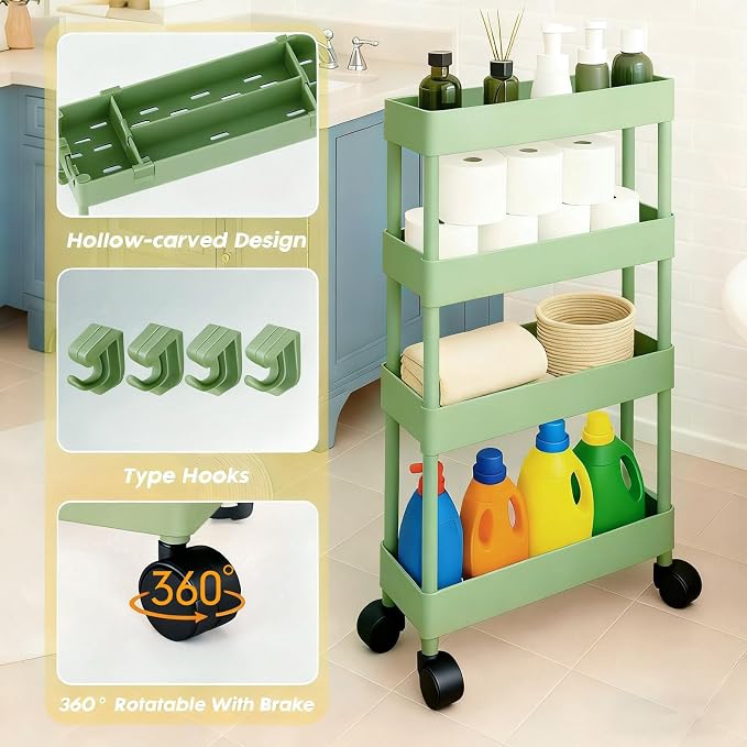 ShellKingdom 4 Tier Bathroom Storage Organizer, Slim Rolling Storage Cart for Narrow Space, Mobile Shelving Unit with Lockable Wheels and Hooks for Bathroom, Kitchen, Laundry Movable Shelf (Green) - Image 5