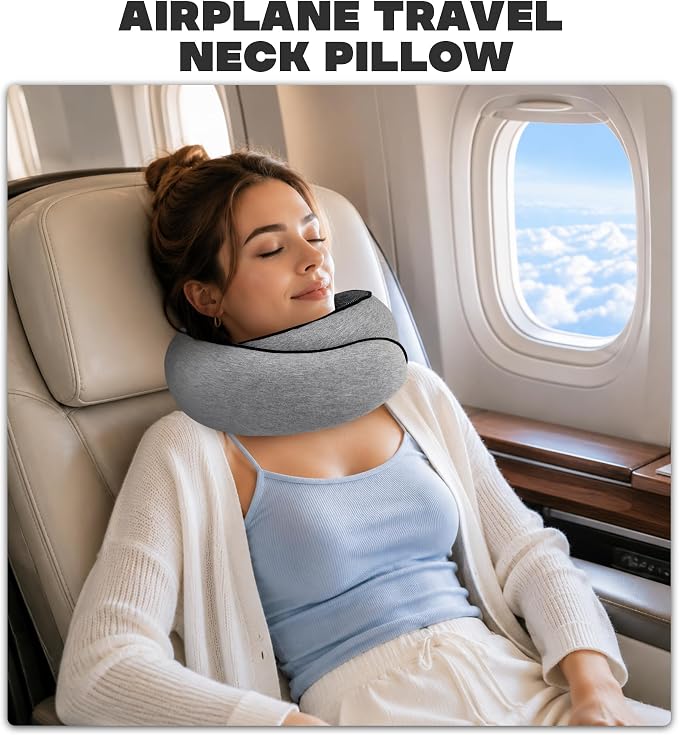 Neck Pillow for Traveling, New Upgraded Travel Neck Pillow, 100% Pure Memory Foam Travel Pillow for Flight Headrest Sleep,Portable Aircraft Accessory,Suitable for use on Plane/Car/Office(Light grey) - Image 5