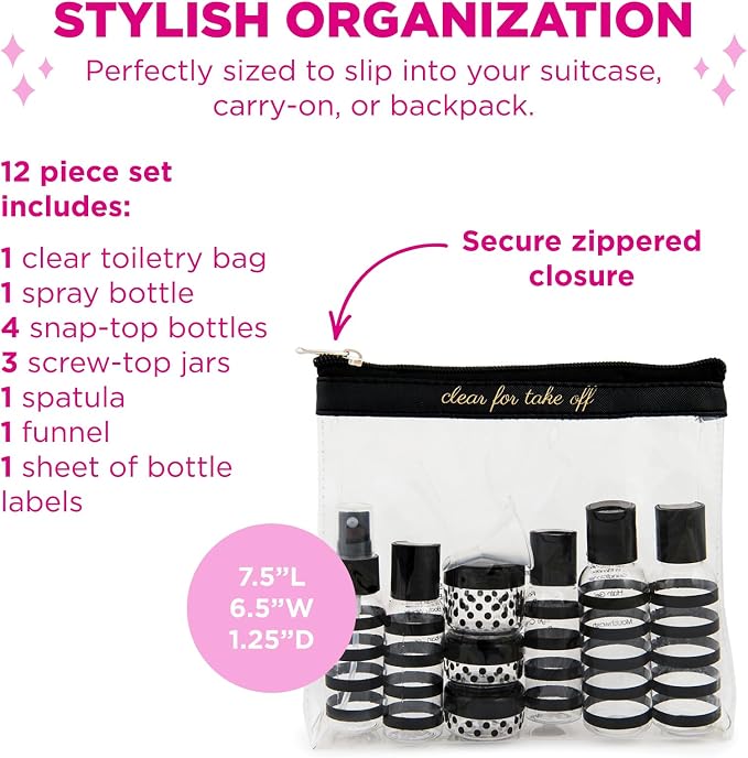 MIAMICA TSA Compliant Travel Bottles and Travel Toiletry Bag – Includes 12 Pieces – 7.55" L x 7.4" W x 1.8" D, Clear – Cute Travel Gifts - Image 2