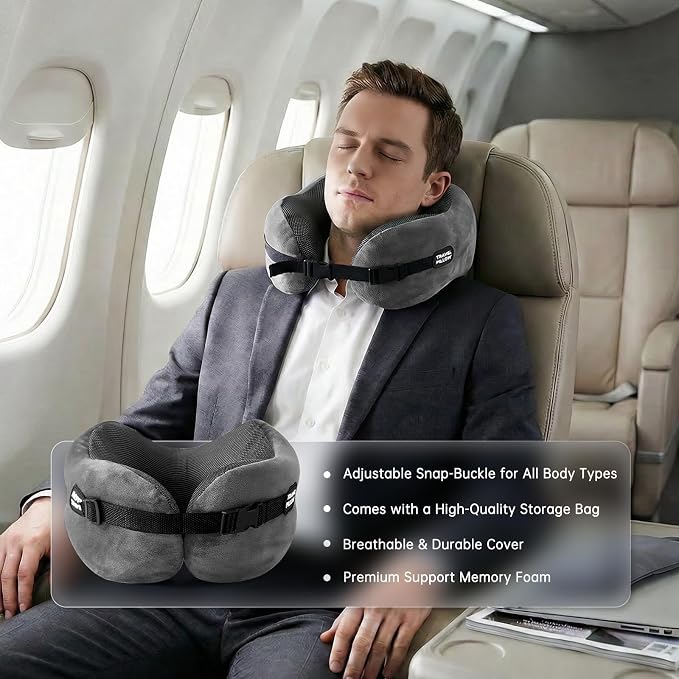 Neck Pillow Travel Pillow - 100% Pure Memory Foam Airplane Pillow with Adjustable Clasp & Removable Cover, Portable Travel Essentials for Long Flights, Car & Office (Dark Gray, with Eye Mask) - Image 7