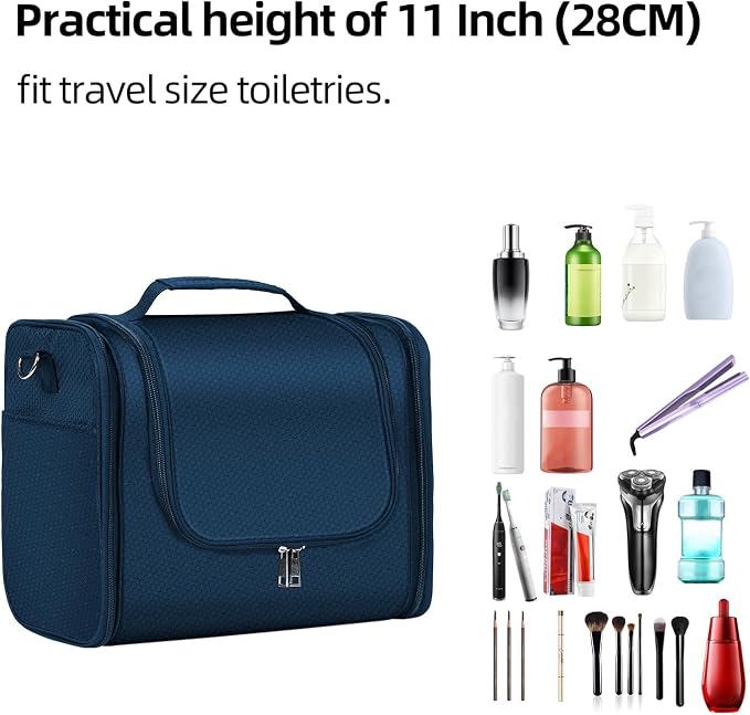 Buruis Extra Large Hanging Toiletry Bag for Women and Men, Blue | Honeycomb Nylon, Detachable Shoulder Strap, Dual Zippers, Metal Hanging Hook, Full-Size Toiletry Storage, Travel Essentials - Image 7