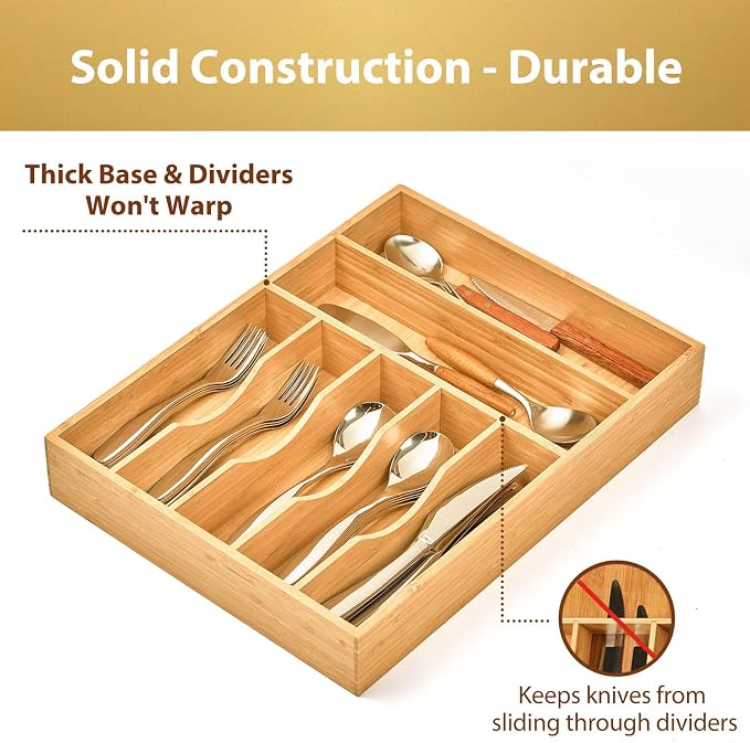 Kitchen Drawer Organizer, 12.5 Inch Silverware Utensil Tray Holder, Extra Deep, with Non-Slip Feet & Grooved Drawer Divider, 7 Slots Total Bamboo Wood Caddy for Flatware Cutlery Knives - Image 3