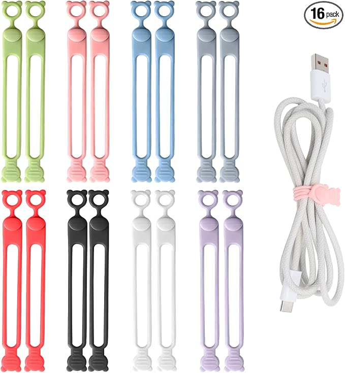 16Pcs Silicone Cable Ties, Reusable Cable Management Organizer | Elastic Cord Straps for Earphones,Phone Chargers & Computer Cords,Multipurpose Wire Organizer for Home, Office,Travel,8Colors by Unknown