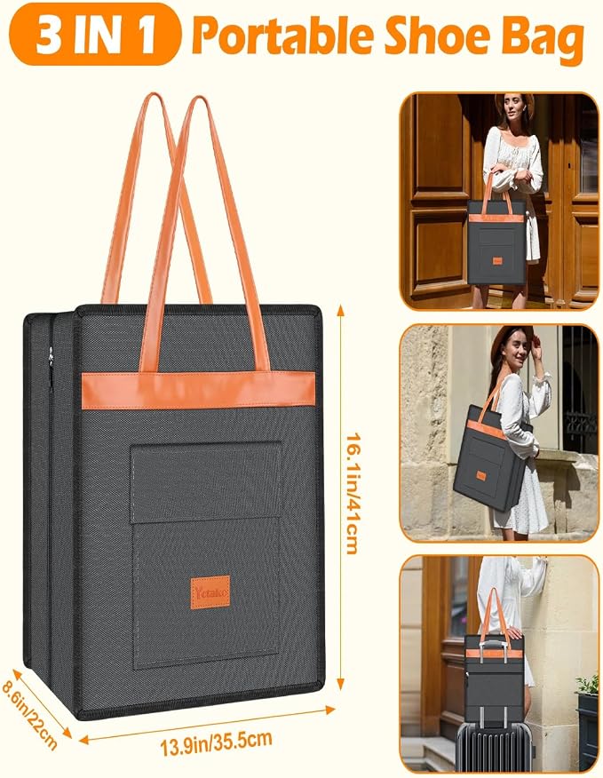 Yotako Shoe Bag for Travel with Leathers Handle Grey | Shoe Organizer with Pockets,3 in 1 Hanging Luggage Shoe Storage Bag,Travel Shoe Bag for Women Men Fit 6 PCS Shoes - Image 6