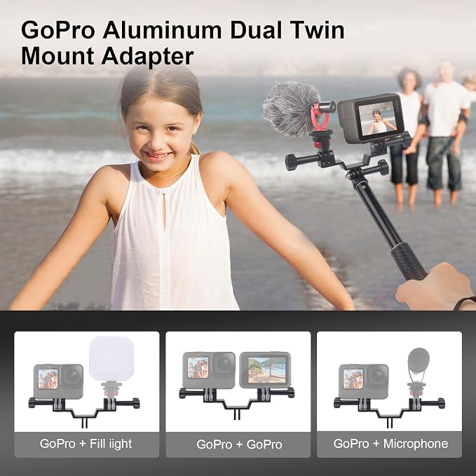 Dual Action Camera Mount & 19" Short Selfie Stick Kit, Aluminum Twin Adapter for GoPro, Compatible with Insta360, for DJI Osmo - Front/Rear View Recording, YD029 - Image 3