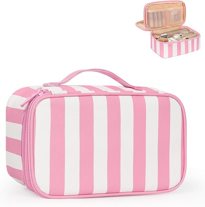 Relavel Travel Makeup Bag, Small Cosmetic Bag with Brush Compartment | Portable Makeup Pouch for Women, Double Layer Makeup Organizer Bag Cute Toiletry Bag, Wide Strip by Relavel