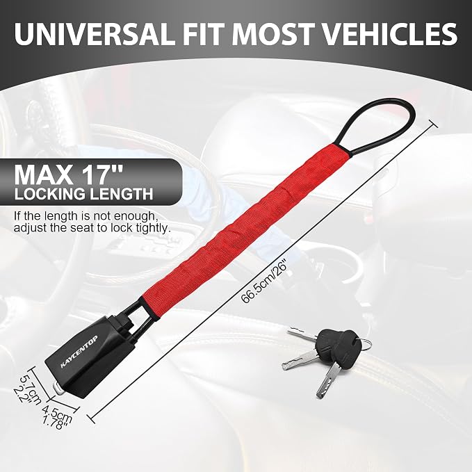 KAYCENTOP Steering Wheel Lock to Seat Belt Lock Anti-Theft Car Device | Max 17'' Locking Length, Quick Lock and Compact, Security Thicken Steel Cable, Fit Most Vehicle, SUV, Golf Cart, Bright Red - Image 2